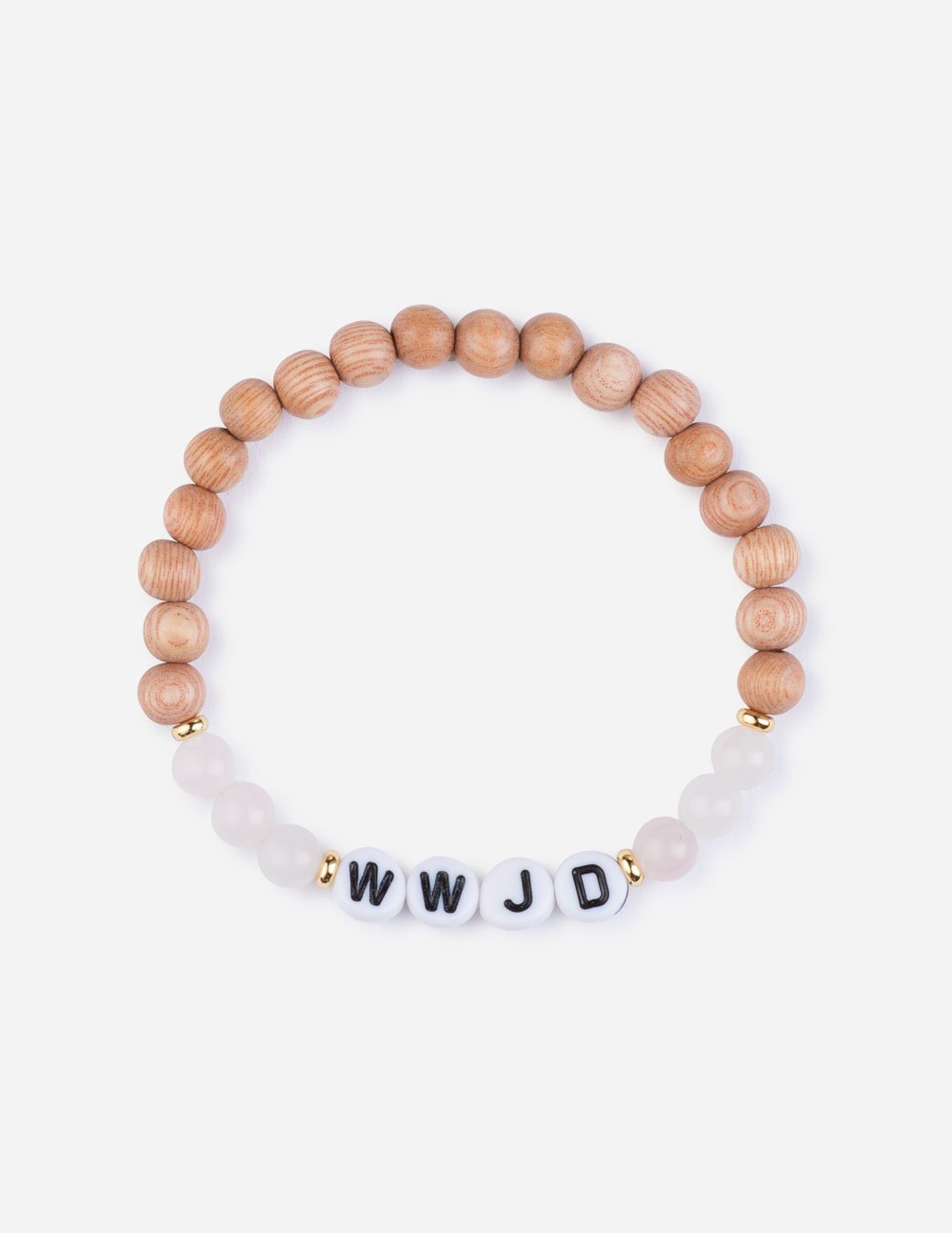 Wooden letter bead bracelet with round wood beads and WWJD alphabet beads