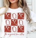 White crewneck sweatshirt with red XO and 'The original love letters' front graphic
