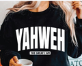 Black crewneck sweatshirt with YAHWEH logo and 'The Great I Am' text