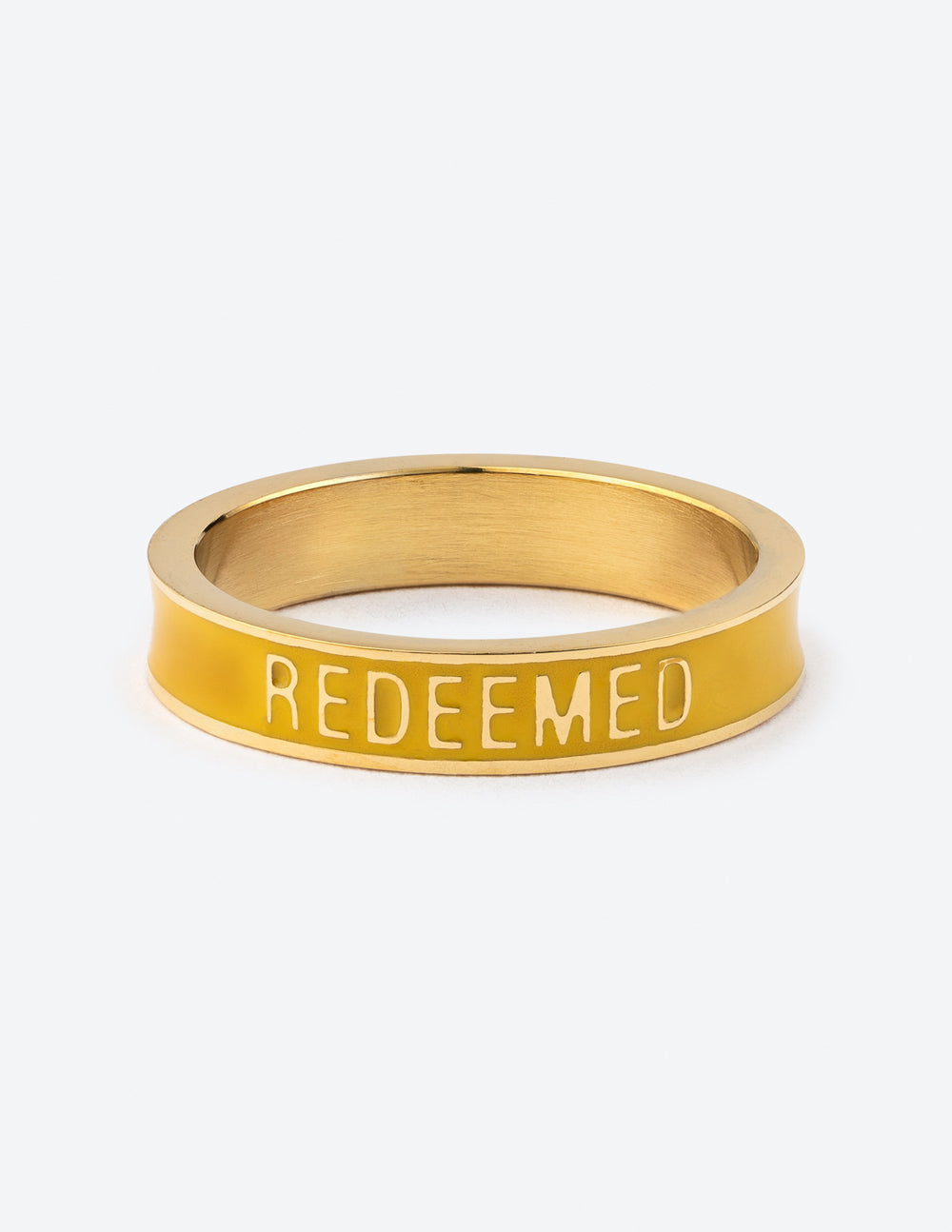 Yellow enamel ring with REDEEMED lettering on gold band