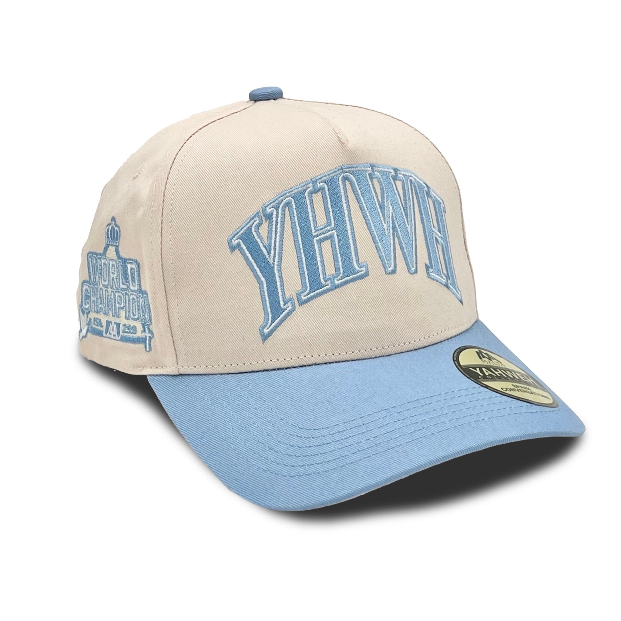 Cream and baby blue structured snapback cap with YHWH front logo