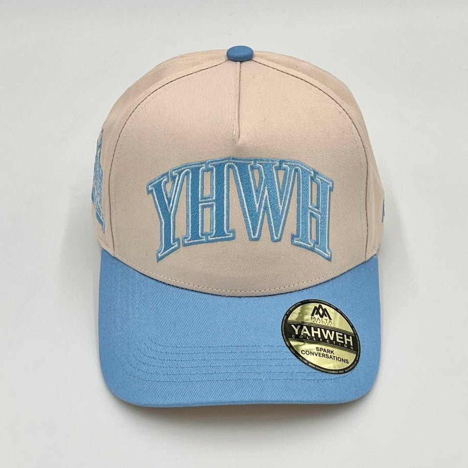 Cream and baby blue snapback cap with YHWH front and round YAHWEH patch