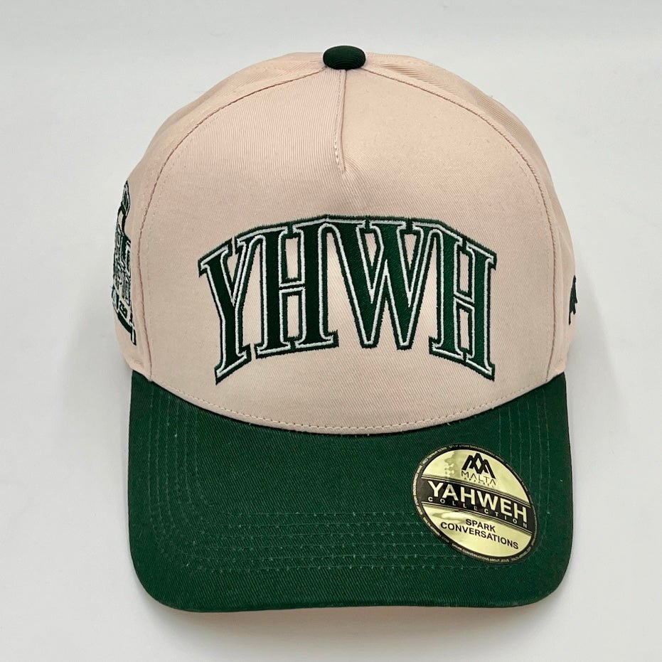 Cream snapback cap with green brim and YHWH front emblem badge