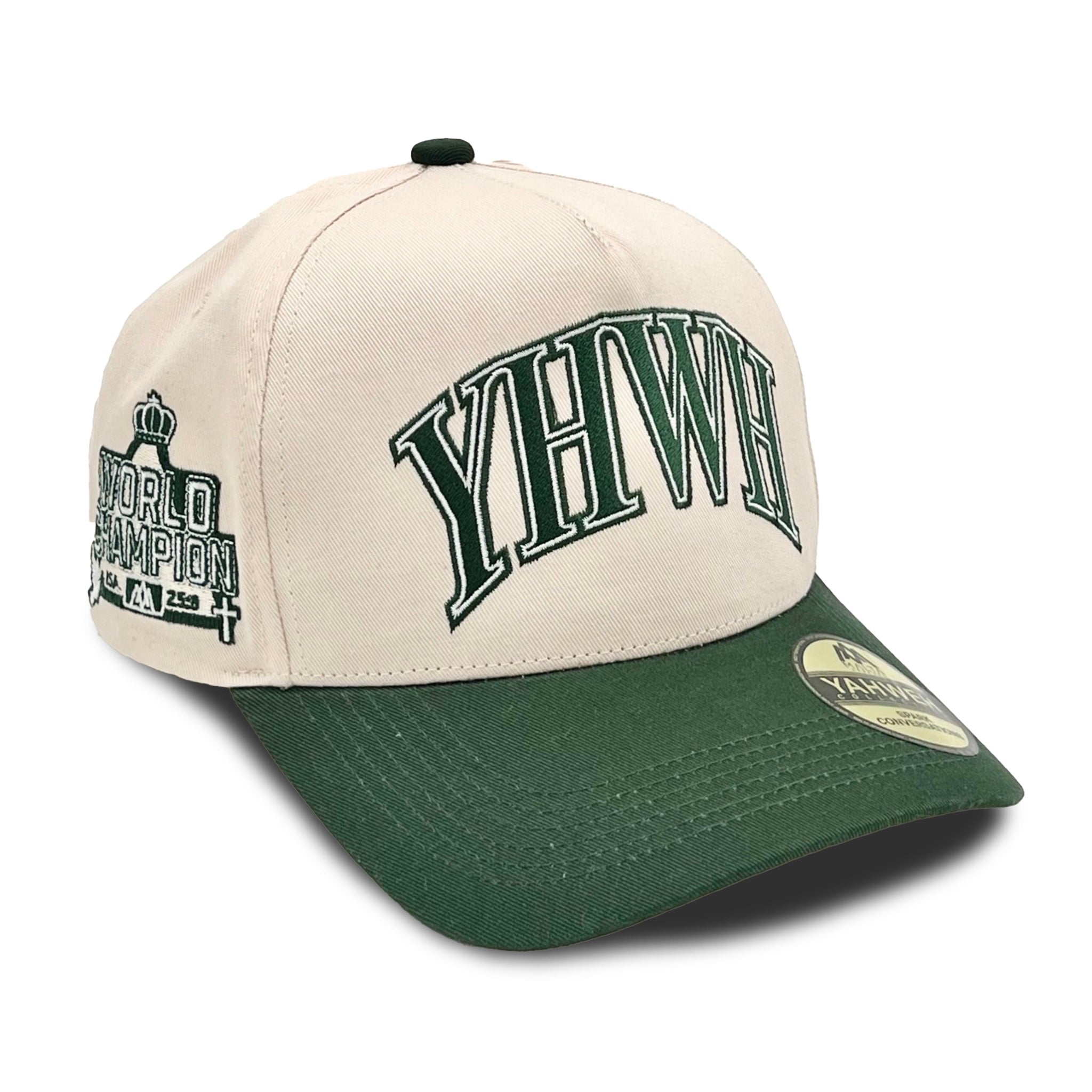 Cream structured snapback cap with green brim and YHWH front logo