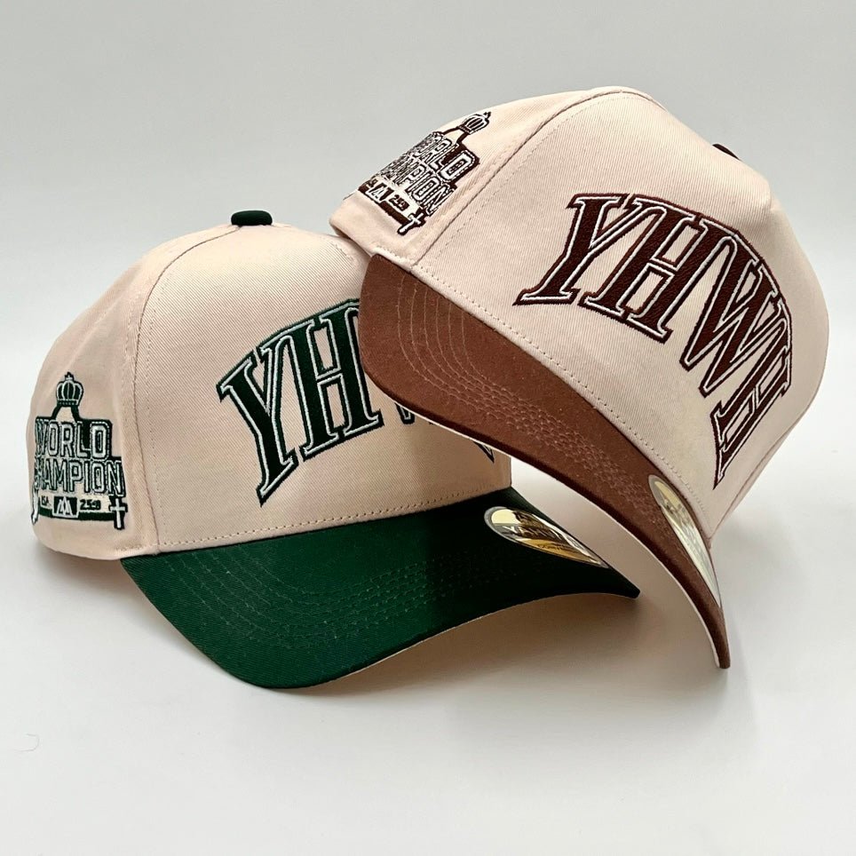 Cream and green snapback cap with YHWH back graphic and brown inner brim