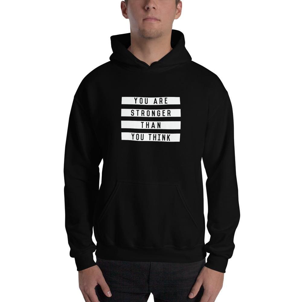 Black hoodie sweatshirt with front pouch pocket, hood, and striped slogan graphic