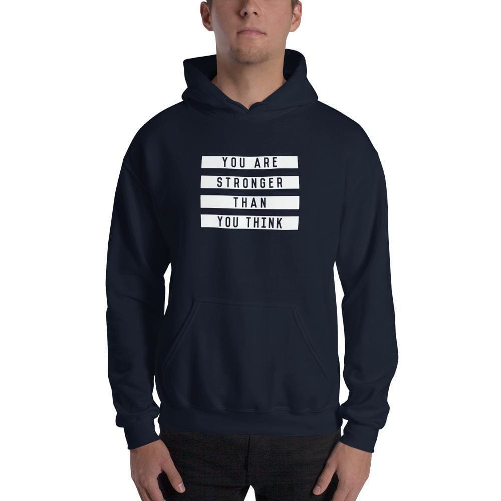 Navy hoodie sweatshirt with front pouch pocket, hood, and striped slogan graphic