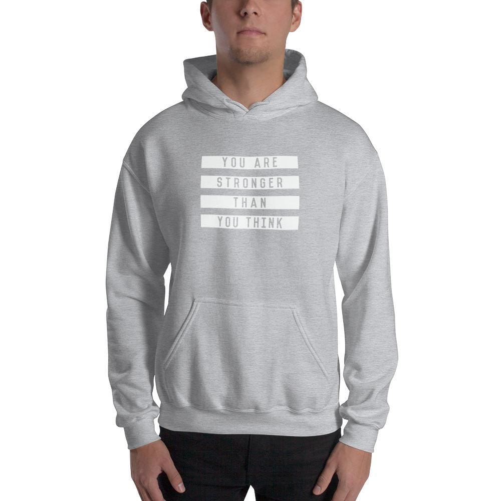 Sport grey hoodie sweatshirt with front pouch pocket, hood, and striped slogan graphic
