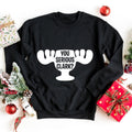 Black crewneck sweatshirt with white 'You Serious Clark?' graphic