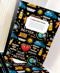 Black composition book with colorful Better Your Ways cover design