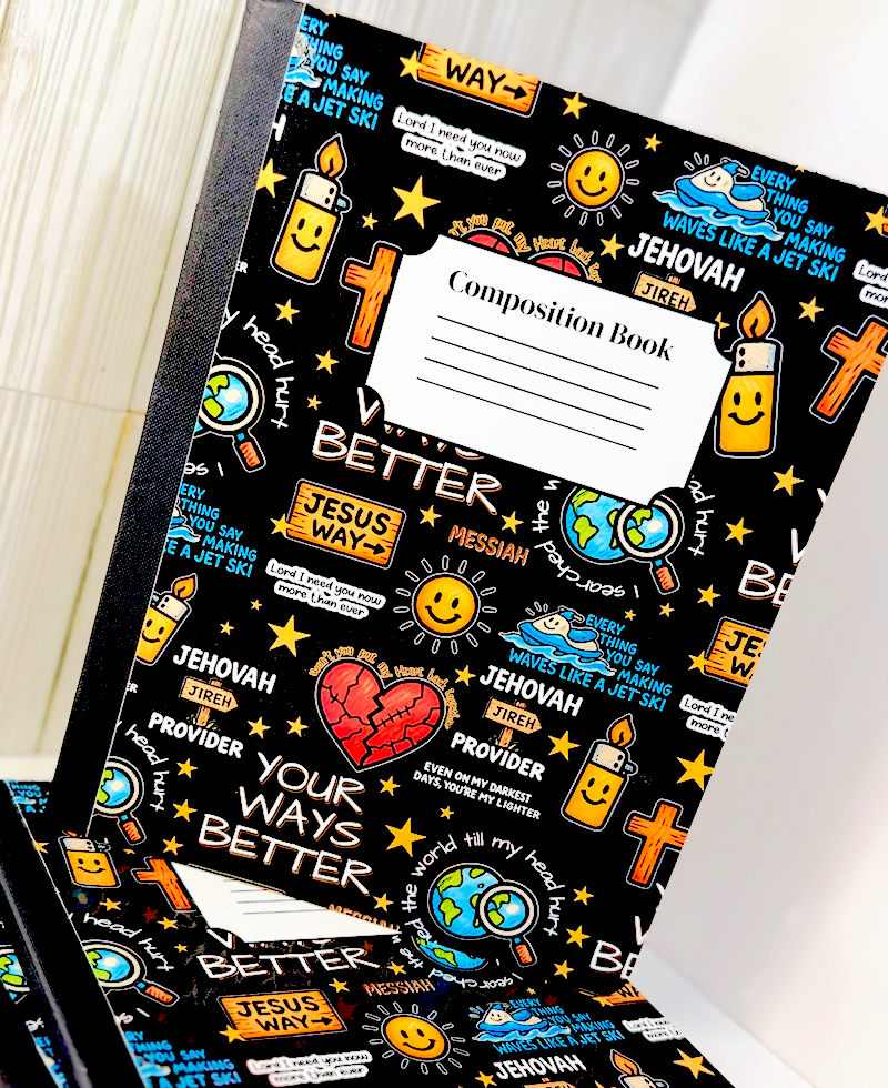 Black composition book with colorful Better Your Ways cover design