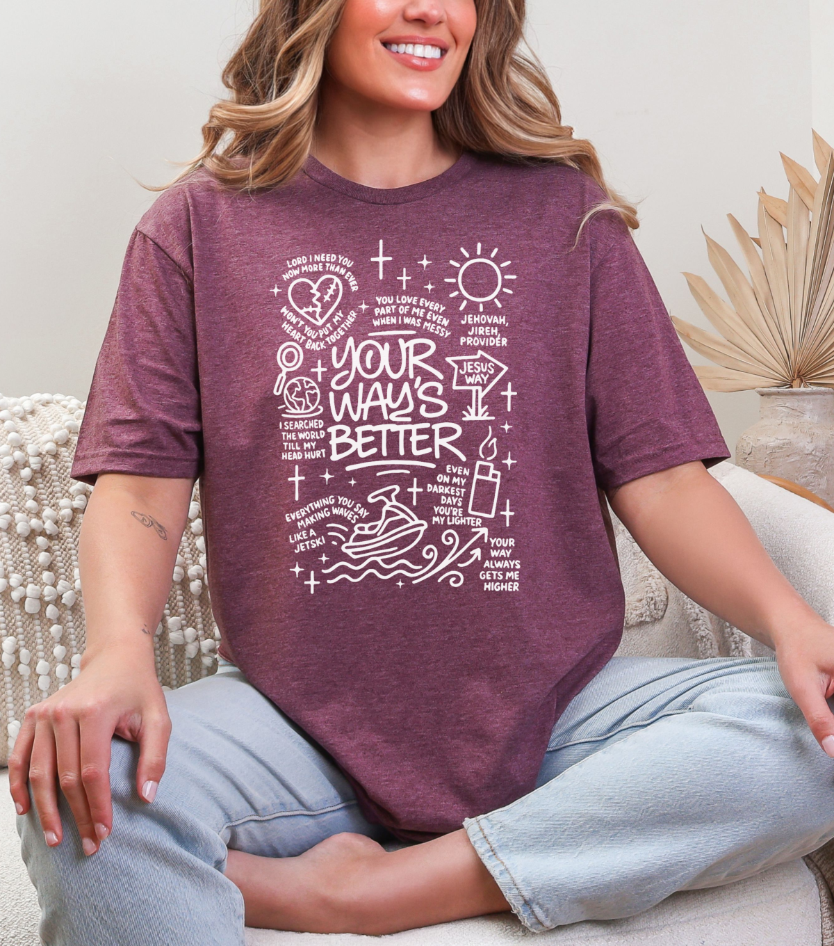 Maroon T-shirt with front faith-themed typographic and cross graphic